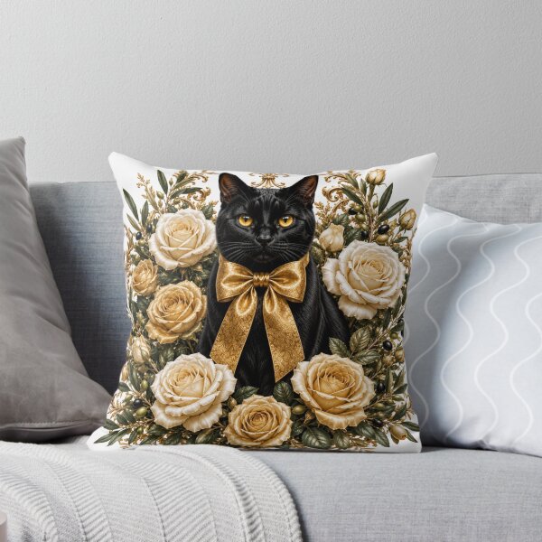 Item preview, Elegant Black Cat with Gold Bow and Vintage Cream Roses designed and sold by MoodLay.
