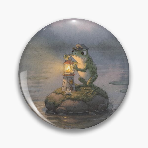Item preview, Frog Lighthouse Keeper on a Pond Pebble Cottagecore Art designed and sold by PictorialWhimsy.
