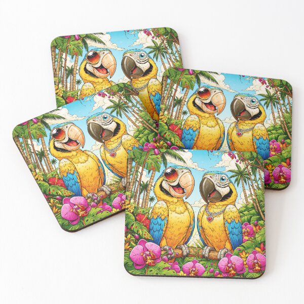 Item preview, A cheerful pair of macaw parrots in a tropical paradise designed and sold by GabbyKI261.