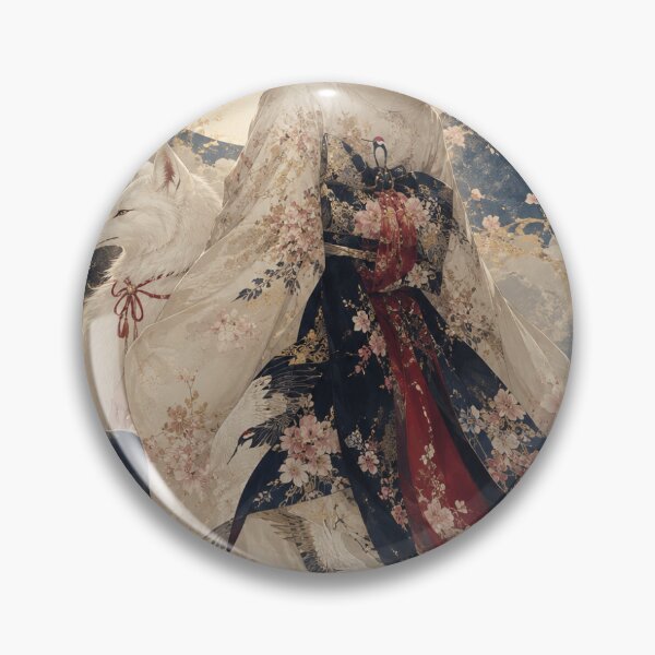 Item preview, Japanese Crane Wall Art – Crimson Crane Dream, Ethereal Kimono Woman, White Fox, Moonlit Sakura, Wabi-Sabi Japanese Fantasy Decor designed and sold by UkiyoeFusion.