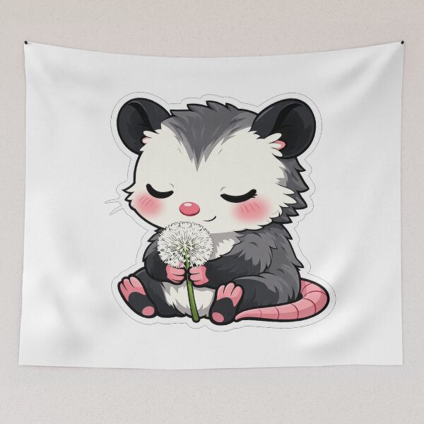 Artikelvorschau, Ein niedliches Opossum hält eine weiße Löwenzahnblüte entworfen und verkauft von Owcomm.