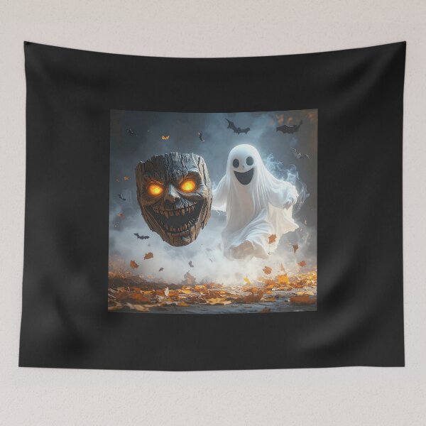 Item preview, Cute Ghost Chasing Evil Wooden Mask Halloween Spooky Cartoon Art designed and sold by OksArtStudio.