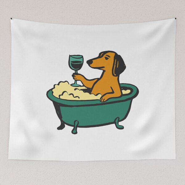 Item preview, Relaxing Dachshund in a Bubble Bath with a Glass of Wine designed and sold by kegsmardina14.