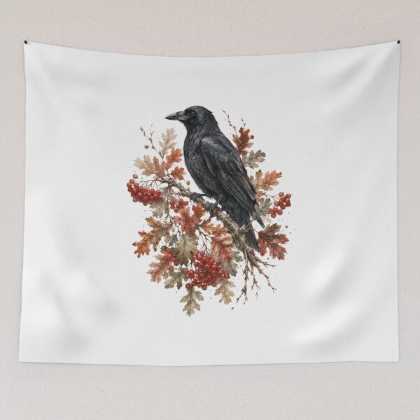 Item preview, Crow and Autumn Berries — Moody Fall Botanical Art designed and sold by DreamelleStudio.