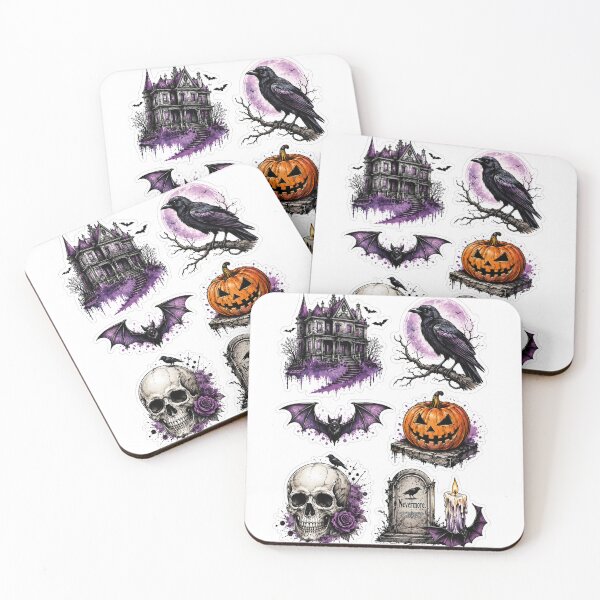 Artikelvorschau, Halloween-Gothic-Sticker-Set | Ausgestanzte Sticker mit Spukhaus, Rabe, Totenkopf und Kürbis entworfen und verkauft von Arts121.