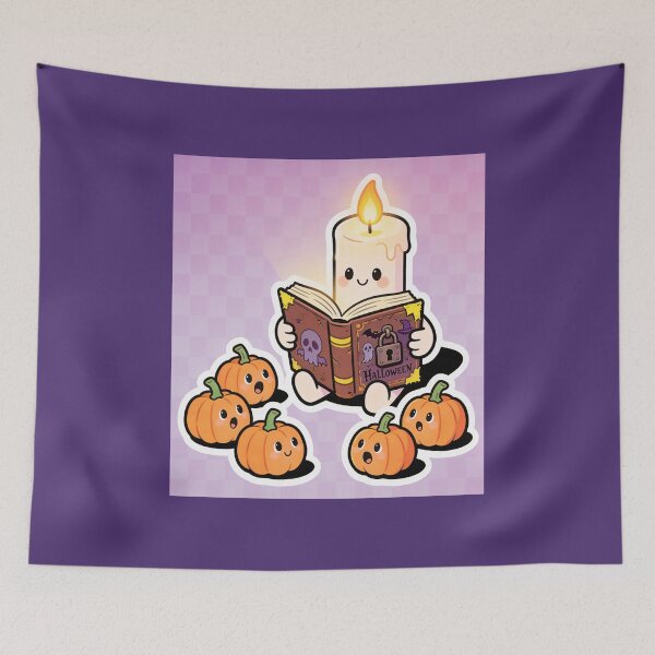 Item preview, Cute Candle Reading a Halloween Spell Book with Kawaii Pumpkins designed and sold by OksArtStudio.