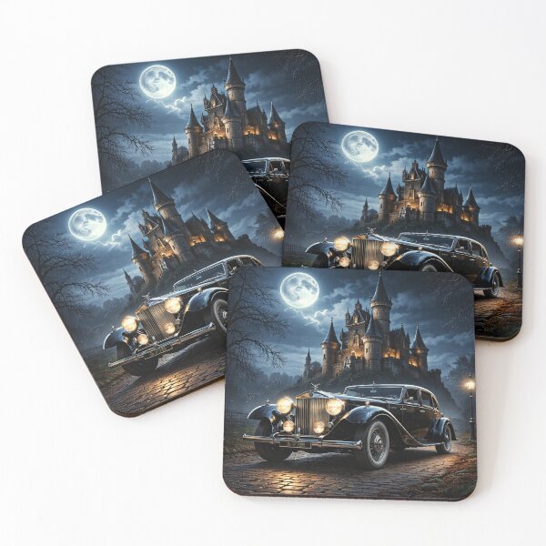 Item preview, Black Vintage Luxury Car at Moonlit Gothic Castle – Dark Academia Automobile Print designed and sold by Kaleidoscope Print.