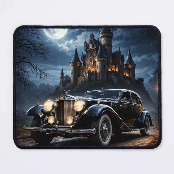 Item preview, Black Vintage Luxury Car at Moonlit Gothic Castle – Dark Academia Automobile Print designed and sold by Kaleidoscope Print.