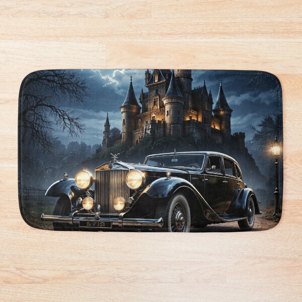 Item preview, Black Vintage Luxury Car at Moonlit Gothic Castle – Dark Academia Automobile Print designed and sold by Kaleidoscope Print.