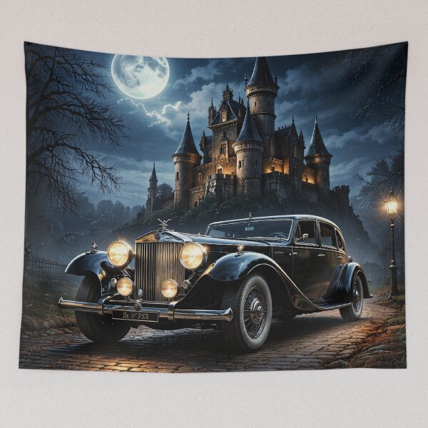Item preview, Black Vintage Luxury Car at Moonlit Gothic Castle – Dark Academia Automobile Print designed and sold by Kaleidoscope Print.