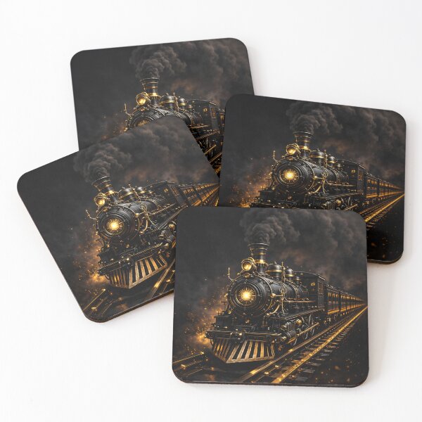 Item preview, Black and Gold Steam Locomotive – Dark Vintage Train Railway Art Print designed and sold by Kaleidoscope Print.