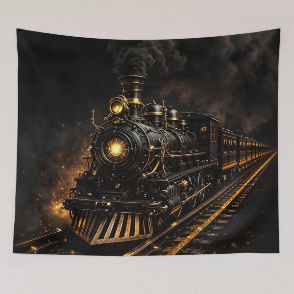 Item preview, Black and Gold Steam Locomotive – Dark Vintage Train Railway Art Print designed and sold by Kaleidoscope Print.