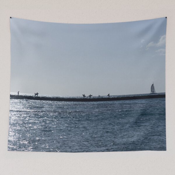Item preview, Quintessential Hawaii - Surfers on the Kahanamoku Beach Seawall designed and sold by Georgia Mizuleva.