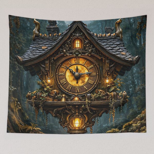 Item preview, Enchanted Forest Cuckoo Clock – Gothic Fantasy Antique Clockwork Print designed and sold by Kaleidoscope Print.