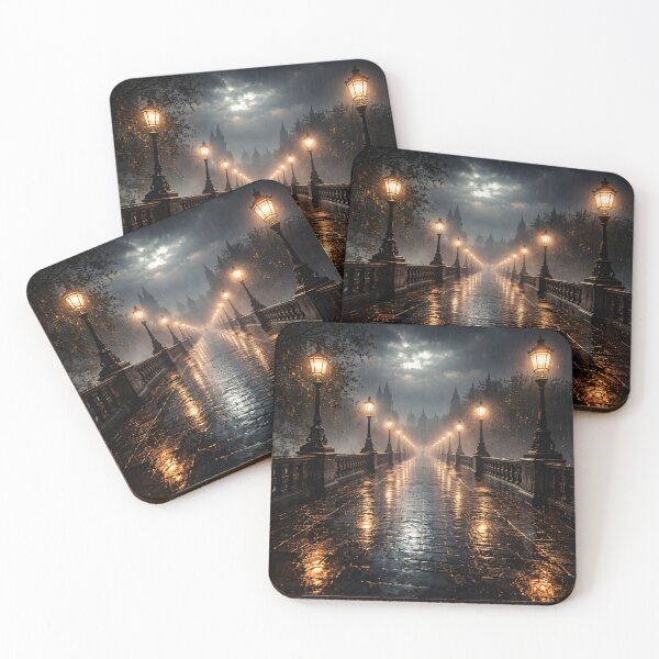 Item preview, Rainy Gothic Bridge at Night – Glowing Street Lamps Dark Romantic City Print designed and sold by Kaleidoscope Print.