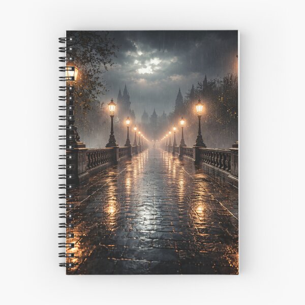 Item preview, Rainy Gothic Bridge at Night – Glowing Street Lamps Dark Romantic City Print designed and sold by Kaleidoscope Print.