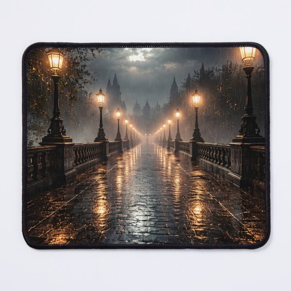 Item preview, Rainy Gothic Bridge at Night – Glowing Street Lamps Dark Romantic City Print designed and sold by Kaleidoscope Print.