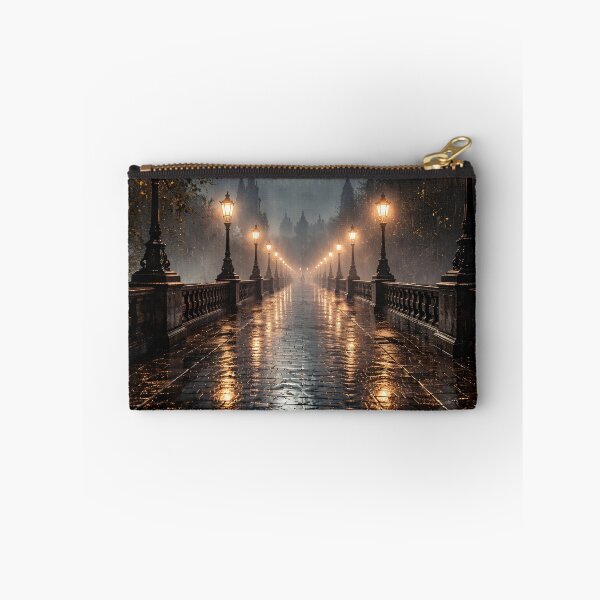 Item preview, Rainy Gothic Bridge at Night – Glowing Street Lamps Dark Romantic City Print designed and sold by Kaleidoscope Print.