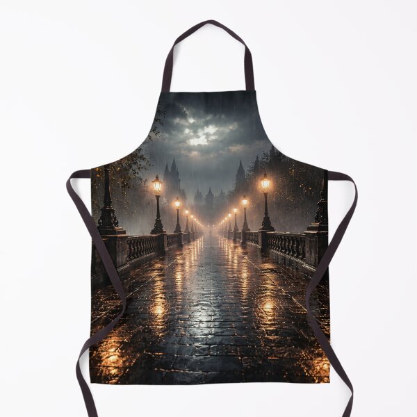 Item preview, Rainy Gothic Bridge at Night – Glowing Street Lamps Dark Romantic City Print designed and sold by Kaleidoscope Print.