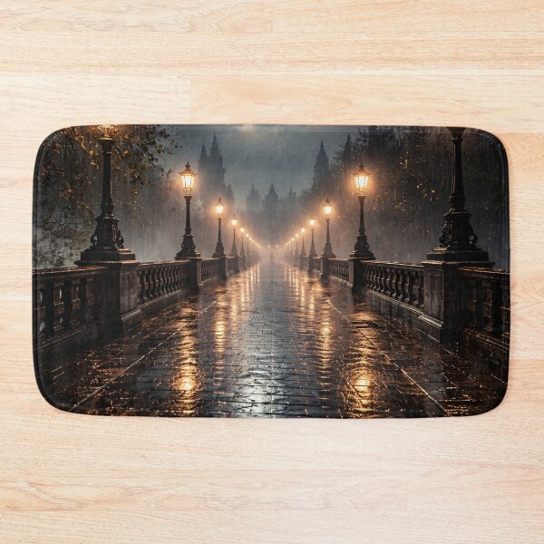 Item preview, Rainy Gothic Bridge at Night – Glowing Street Lamps Dark Romantic City Print designed and sold by Kaleidoscope Print.