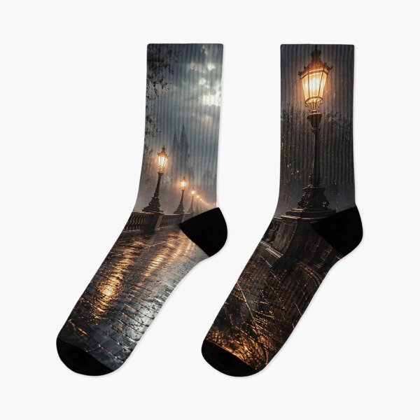 Item preview, Rainy Gothic Bridge at Night – Glowing Street Lamps Dark Romantic City Print designed and sold by Kaleidoscope Print.