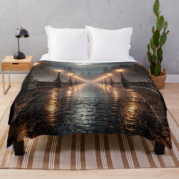 Item preview, Rainy Gothic Bridge at Night – Glowing Street Lamps Dark Romantic City Print designed and sold by Kaleidoscope Print.