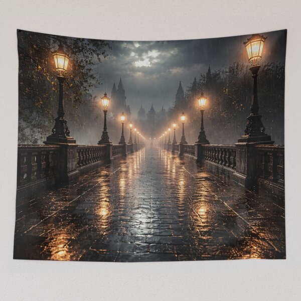 Item preview, Rainy Gothic Bridge at Night – Glowing Street Lamps Dark Romantic City Print designed and sold by Kaleidoscope Print.