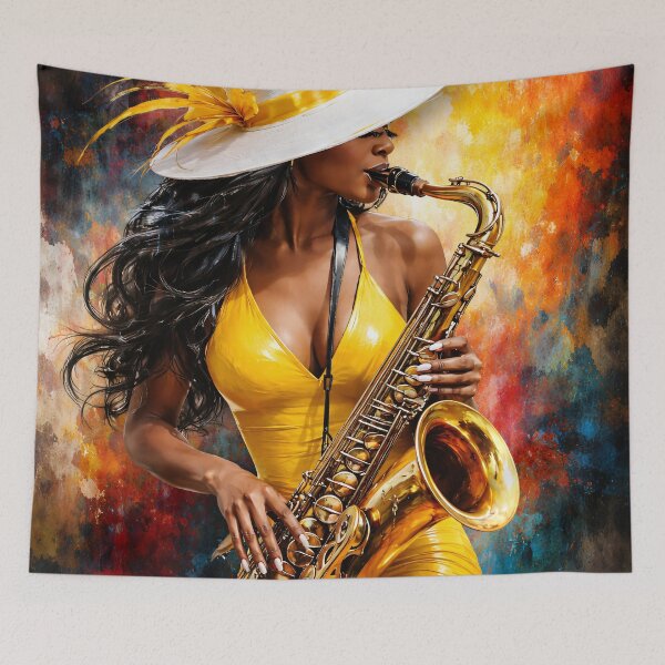 Item preview, Jazz Saxophone Woman in Yellow – Colorful Musician Art Print designed and sold by Kaleidoscope Print.