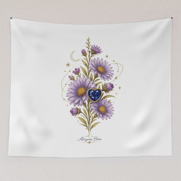 Item preview, September Birth Flower & Sapphire Gemstone | Celestial Aster Botanical Illustration | Luxury Floral Art designed and sold by Alcyone-Blue.