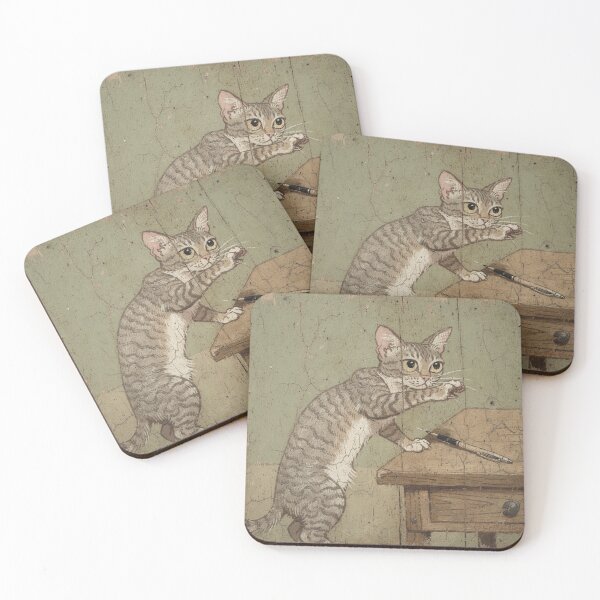 Item preview, Cornish Rex Cat Batting a Pen Off the Desk Folk Art designed and sold by PictorialWhimsy.
