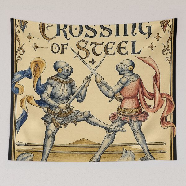 Item preview, The Crossing of Steel Medieval Knight Duel Manuscript Art. T-Shirt, HEMA, re-enactment designed and sold by blackdoggdesign.