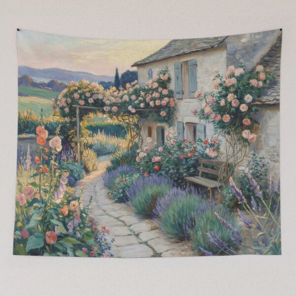 Item preview, Monet Inspired Rose Garden Cottage at Sunrise | French Country Cottage Wall Art | Impressionist Floral Landscape Print designed and sold by Tamas Das.