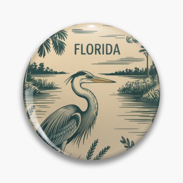 Item preview, Vintage U.S. postage stamp illustration in monochrome engraved woodcut style, Florida Everglades scene with a great blue heron standing among tall marsh grasses designed and sold by 123ks.