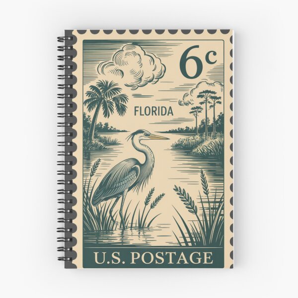 Item preview, Vintage U.S. postage stamp illustration in monochrome engraved woodcut style, Florida Everglades scene with a great blue heron standing among tall marsh grasses designed and sold by 123ks.