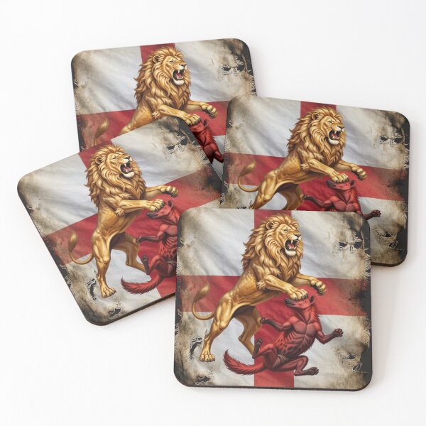 Item preview, Heraldic Rampant Lion Attacking Hyena - England Flag Crest designed and sold by The store under the battleship :).