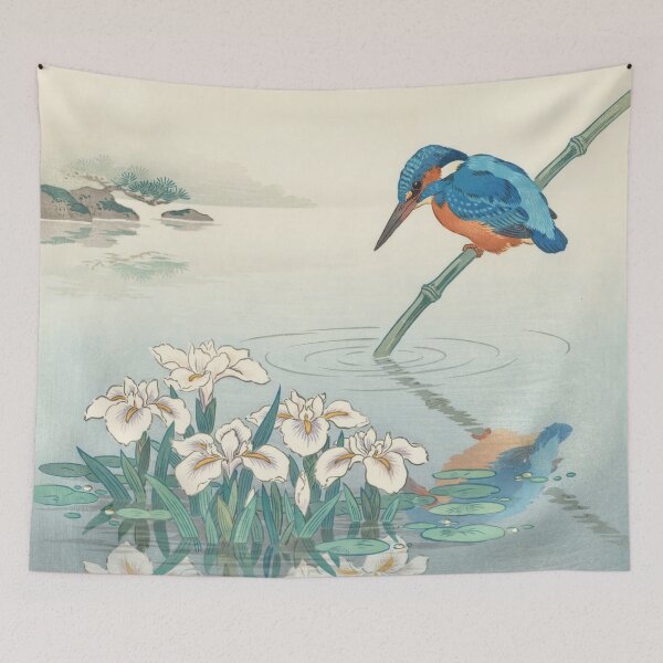 Item preview, Kingfisher and White Iris Pond Shin-Hanga Wall Art | Ohara Koson Inspired Japanese Woodblock Print | Serene Nature Decor designed and sold by Tamas Das.