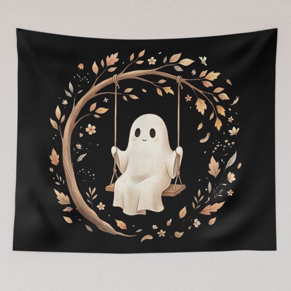 Item preview, Cute Ghost Swinging Beneath Autumn Tree Cozy Halloween Cottagecore Aesthetic Scene designed and sold by DienesAngele.