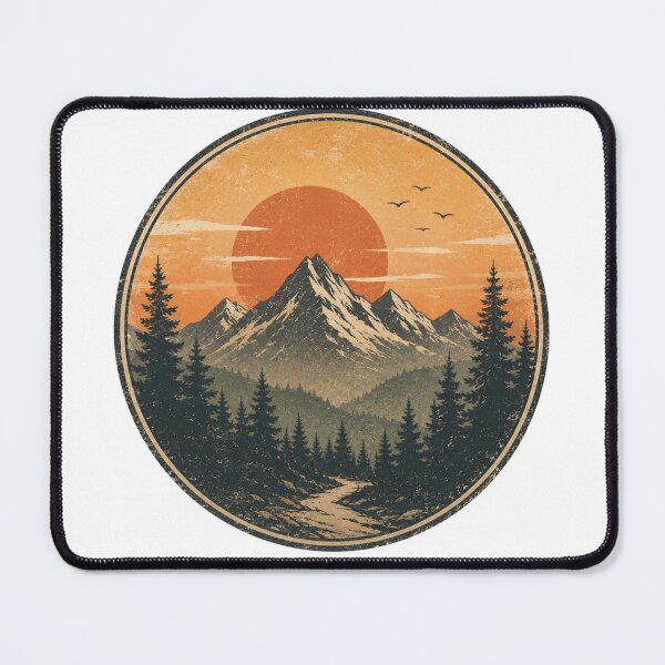 Item preview, Sunset Mountain Trail – Vintage Retro Circle Badge Nature Art Print designed and sold by @SHINTOSARTSTORE.