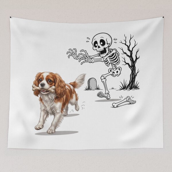 Item preview, Funny Cavalier King Charles Dog Stealing Skeleton Bone Halloween Chase Scene designed and sold by DienesAngele.