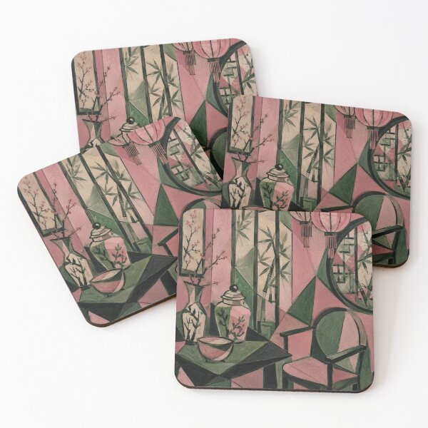 Item preview, Cubist Chinoiserie Interior in Pink & Green | Modern Geometric Art designed and sold by nouhaZN.