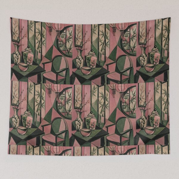Item preview, Cubist Chinoiserie Interior in Pink & Green | Modern Geometric Art designed and sold by nouhaZN.
