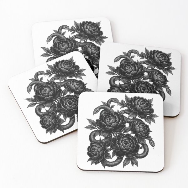Item preview, Snake and Black Peonies | Gothic Botanical Tattoo Art designed and sold by JanjjaSoulInk.