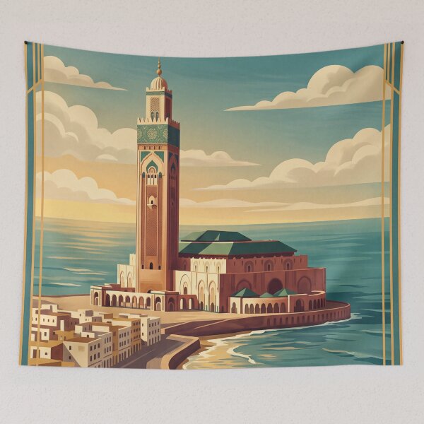 Item preview, Casablanca Morocco Vintage Travel Poster – Hassan II Mosque Coastal Art designed and sold by Bomax121.