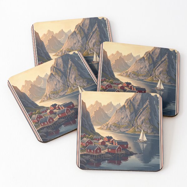 Item preview, Lofoten Islands Norway Vintage Travel Poster – Reine Fjord & Rorbu Cabins designed and sold by Bomax121.
