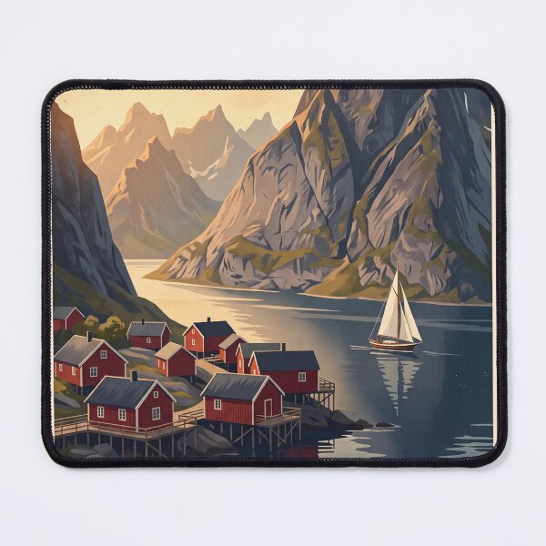 Item preview, Lofoten Islands Norway Vintage Travel Poster – Reine Fjord & Rorbu Cabins designed and sold by Bomax121.