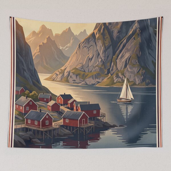 Item preview, Lofoten Islands Norway Vintage Travel Poster – Reine Fjord & Rorbu Cabins designed and sold by Bomax121.