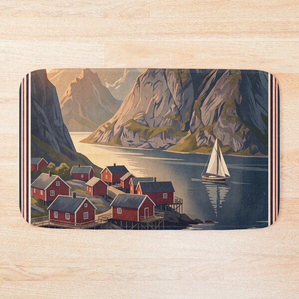 Item preview, Lofoten Islands Norway Vintage Travel Poster – Reine Fjord & Rorbu Cabins designed and sold by Bomax121.