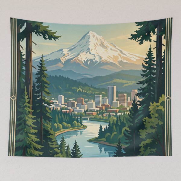 Item preview, Portland Oregon USA Vintage Travel Poster – Mount Hood & City Skyline designed and sold by Bomax121.