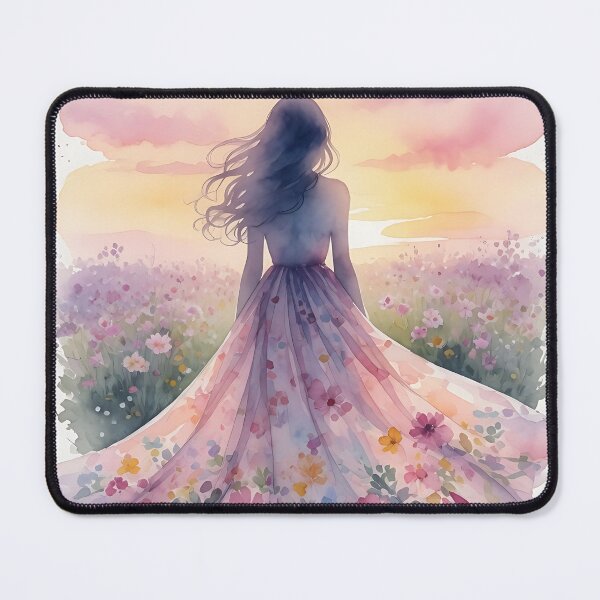 Aperçu de l'œuvre Femme en robe à fleurs au coucher du soleil créée et vendue par HappyOops.