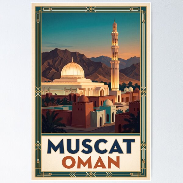 Item preview, Muscat Oman Vintage Travel Poster – Sultan Qaboos Grand Mosque designed and sold by Bomax121.